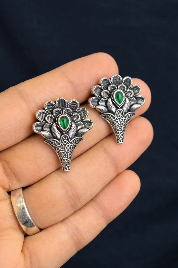Elegant_Silver_Replica_Floral_Earrings_with_Ruby_Green__Monalisa_Stone_|_Brass_Stud_Earrings