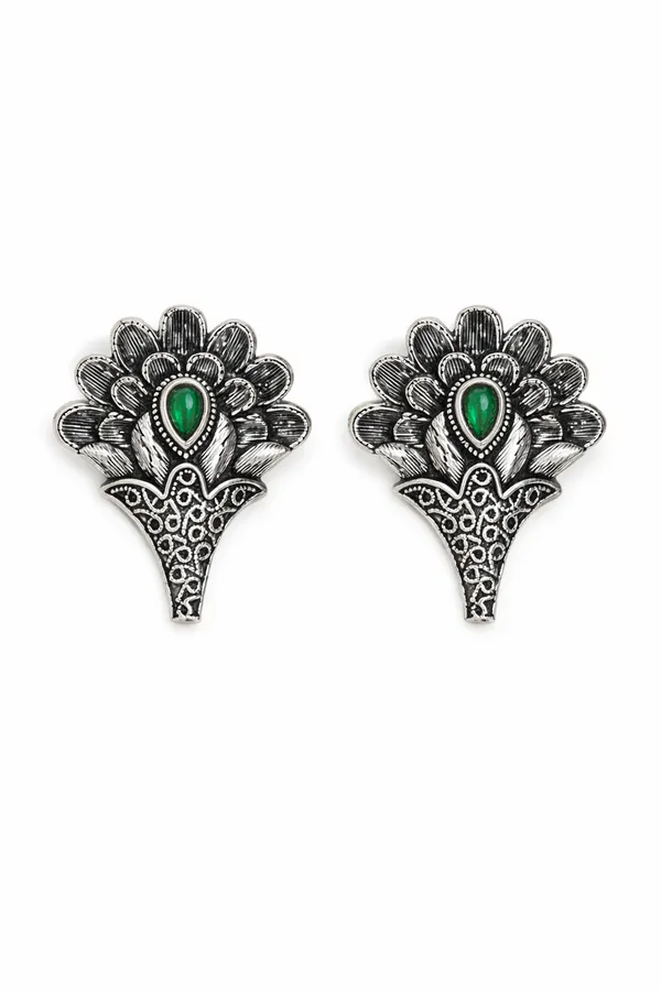 Elegant_Silver_Replica_Floral_Earrings_with_Ruby_Green__Monalisa_Stone_|_Brass_Stud_Earrings