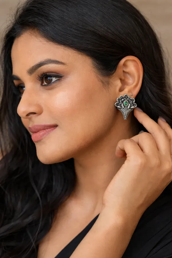 Elegant_Silver_Replica_Floral_Earrings_with_Ruby_Green__Monalisa_Stone_|_Brass_Stud_Earrings