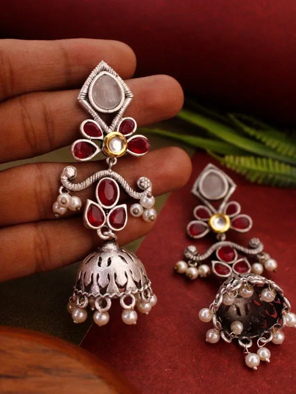 Silver_Replica_Mona_Lisa_Jhumki_Earrings_|_Red_Stone_Ethnic_Statement_Earrings_with_Pearl_Drops