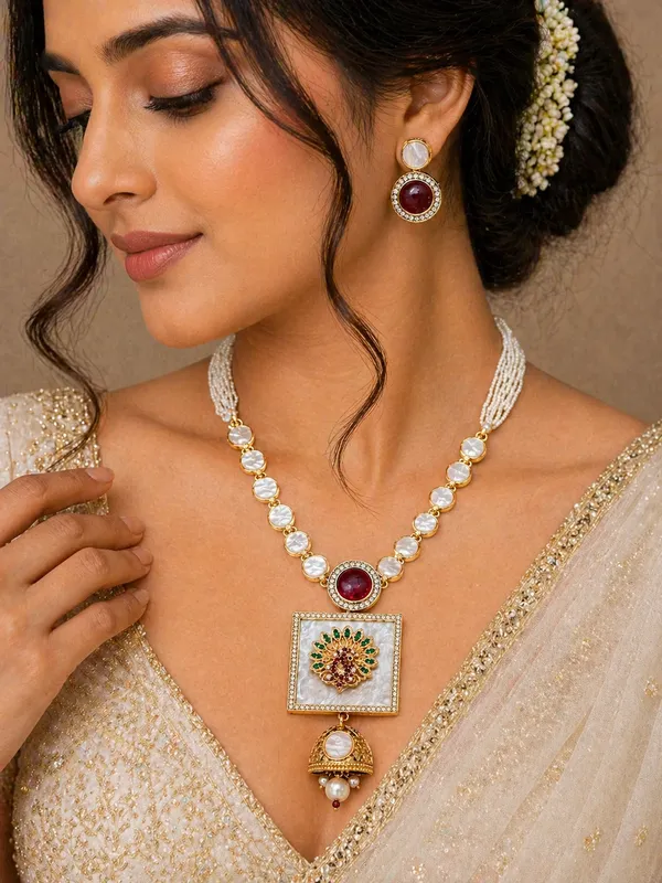 Indian_Shringar_Designer_MOP_Long_Necklace_Set_|_Pink_AD_Stone_Pendant_with_Pearl_Mala_|_Gold_Finish_Ethnic_Jewelry