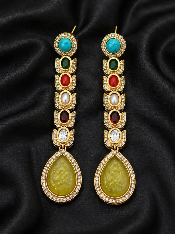 Luxury_Multi-Stone_Long_Drop_Golden_Earrings_|_Designer_Statement_Party_&_Festive_Wear_(Yellow_Teardrop)