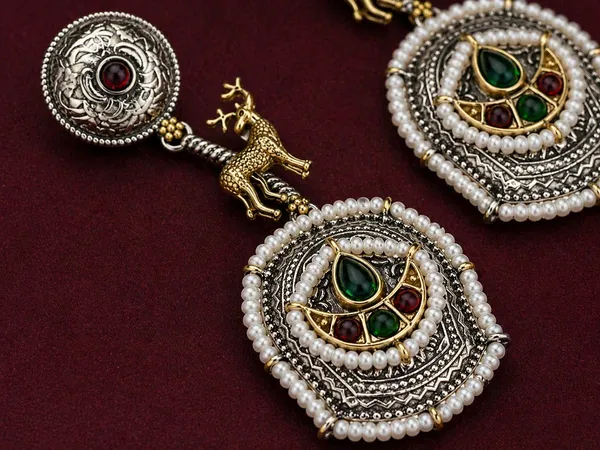 Indian_Shringar_Dual_Tone_Deer_Motif_Earrings_(Red_Green)_|_Ethnic_Statement_Earrings_|_Festive_Jewelry