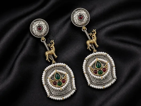 Indian_Shringar_Dual_Tone_Deer_Motif_Earrings_(Red_Green)_|_Ethnic_Statement_Earrings_|_Festive_Jewelry