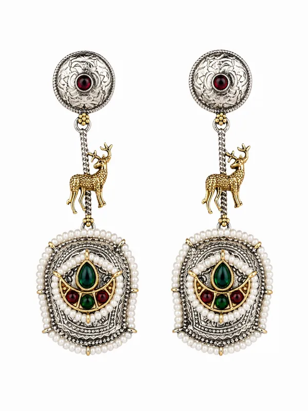 Indian_Shringar_Dual_Tone_Deer_Motif_Earrings_(Red_Green)_|_Ethnic_Statement_Earrings_|_Festive_Jewelry