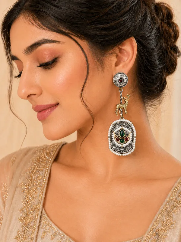 Indian_Shringar_Dual_Tone_Deer_Motif_Earrings_(Red_Green)_|_Ethnic_Statement_Earrings_|_Festive_Jewelry