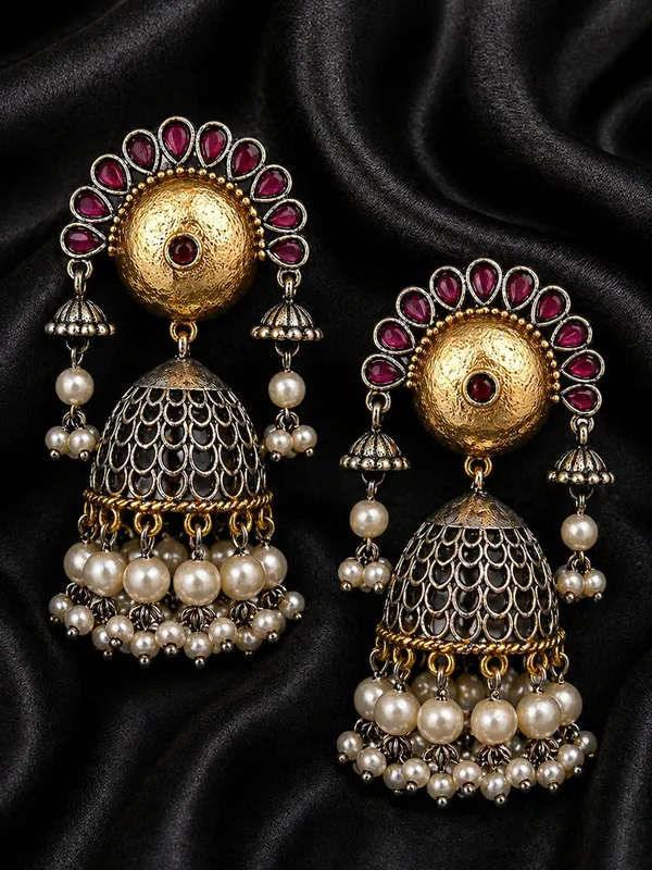 Indian_Shringar_Dual_Tone_Jhumka_Earrings_|_Ruby_Red_Stone_Pearl_Jhumki_|_Wedding_Ethnic_Earrings