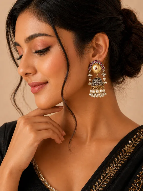 Indian_Shringar_Dual_Tone_Jhumka_Earrings_|_Ruby_Red_Stone_Pearl_Jhumki_|_Wedding_Ethnic_Earrings