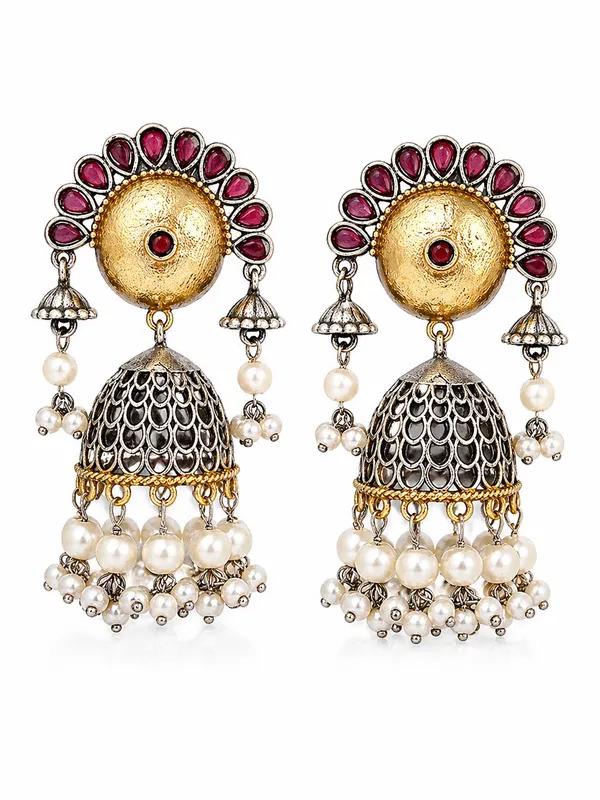 Indian_Shringar_Dual_Tone_Jhumka_Earrings_|_Ruby_Red_Stone_Pearl_Jhumki_|_Wedding_Ethnic_Earrings