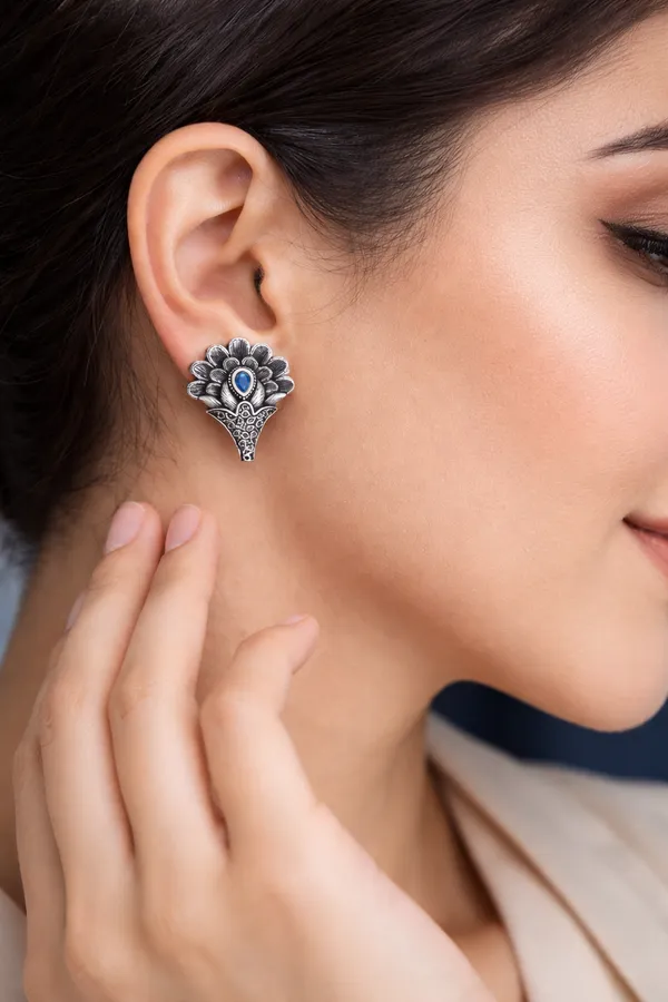 Elegant_Silver_Replica_Floral_Earrings_with_Ruby_Blue_Monalisa_Stone_|_Brass_Stud_Earrings
