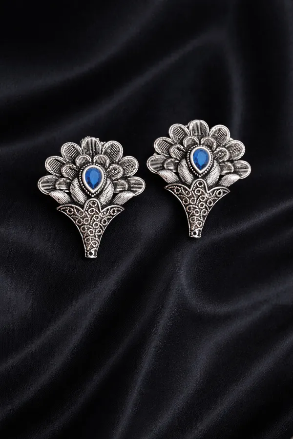 Elegant_Silver_Replica_Floral_Earrings_with_Ruby_Blue_Monalisa_Stone_|_Brass_Stud_Earrings