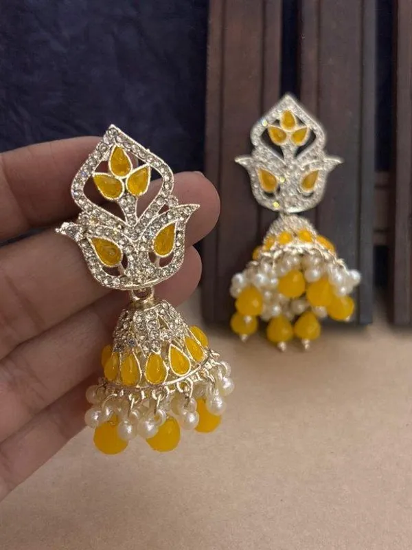 Yellow_Kundan_Jhumki_Earrings_|_Pearl_Drop_Festive_Earrings_|_Traditional_Ethnic_Jewellery