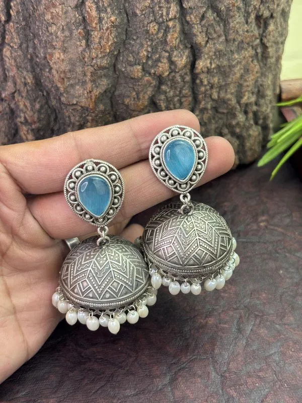 Zariya_Silver_Replica_Sky_Blue_Pearl_Jhumka_Earrings