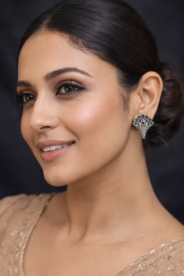 Elegant_Silver_Replica_Floral_Earrings_with_Ruby_Red_Monalisa_Stone_|_Brass_Stud_Earrings