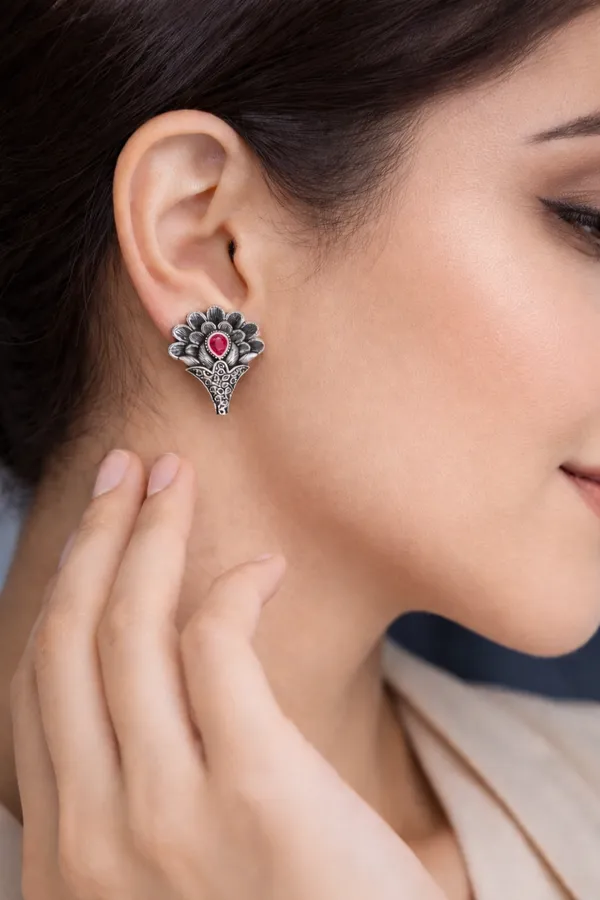 Elegant_Silver_Replica_Floral_Earrings_with_Ruby_Red_Monalisa_Stone_|_Brass_Stud_Earrings