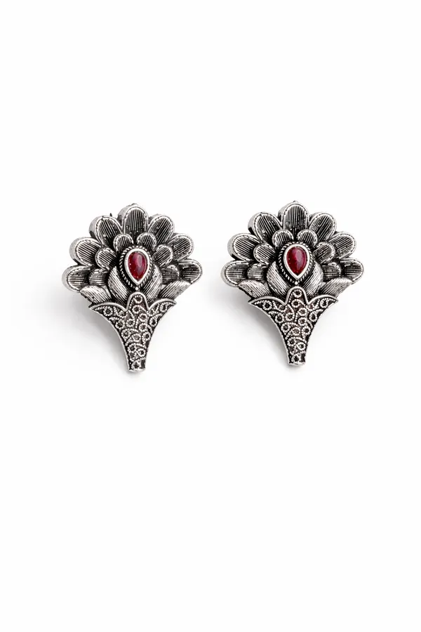 Elegant_Silver_Replica_Floral_Earrings_with_Ruby_Red_Monalisa_Stone_|_Brass_Stud_Earrings