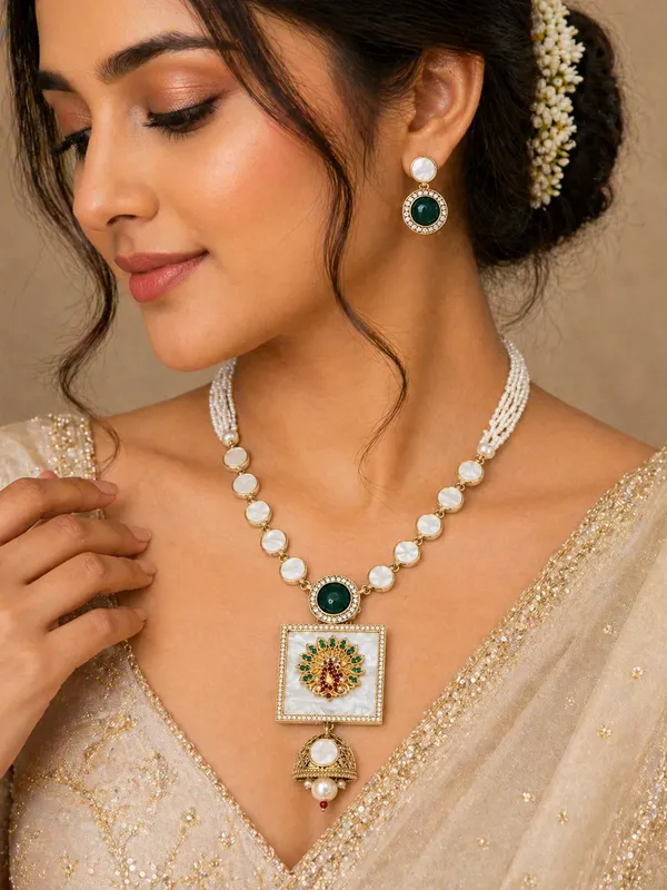 Indian_Shringar_Designer_MOP_Long_Necklace_Set_|_Pink_AD_Stone_Pendant_with_Pearl_Mala_|_Gold_Finish_Ethnic_Jewelry