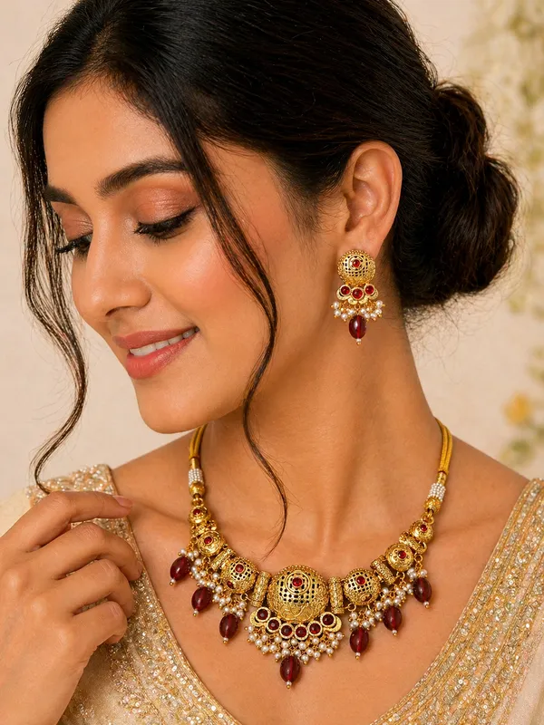 Indian_Shringar_Temple_Style_Golden_Necklace_Set_|_Red_Monalisa_Stone_Ethnic_Jewelry_with_Earrings_|_Adjustable_Thread