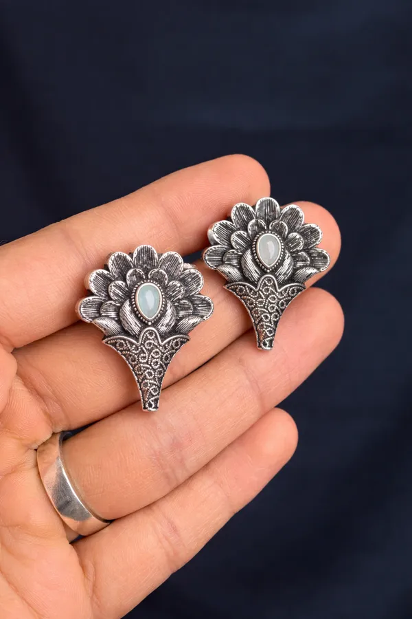Elegant_Silver_Replica_Floral_Earrings_with_Ruby_Sea_Green__Monalisa_Stone_|_Brass_Stud_Earrings
