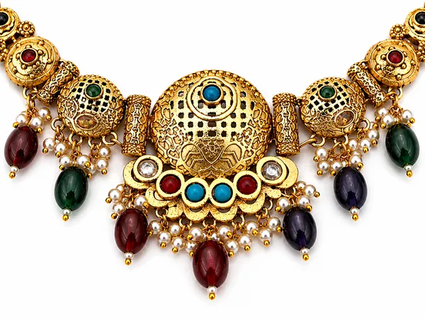Indian_Shringar_Temple_Style_Golden_Necklace_Set_|_Multi__Monalisa_Stone_Ethnic_Jewelry_with_Earrings_|_Adjustable_Thread