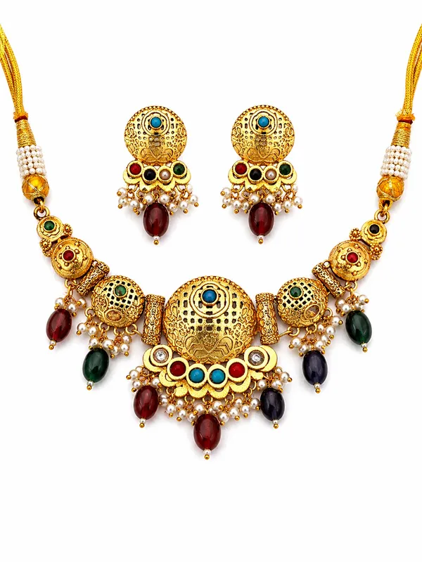 Indian_Shringar_Temple_Style_Golden_Necklace_Set_|_Multi__Monalisa_Stone_Ethnic_Jewelry_with_Earrings_|_Adjustable_Thread