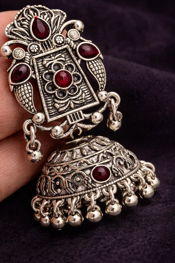 Indian_Shringar_Oxidised_Silver_Jhumka_Earrings_|_Red_Stone_Vintage_Boho_Jhumki_|_Ethnic_German_Silver_Jewelry