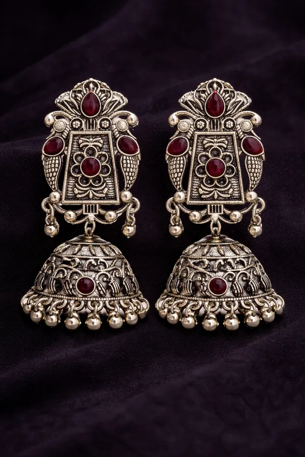 Indian_Shringar_Oxidised_Silver_Jhumka_Earrings_|_Red_Stone_Vintage_Boho_Jhumki_|_Ethnic_German_Silver_Jewelry