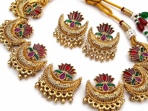 Indian_Shringar_Lotus_Design_Kundan_Necklace_Set_|_Meenakari_Gold_Finish_Choker_with_Stud_Earrings_|_Adjustable_Ethnic_Bridal_Jewelry