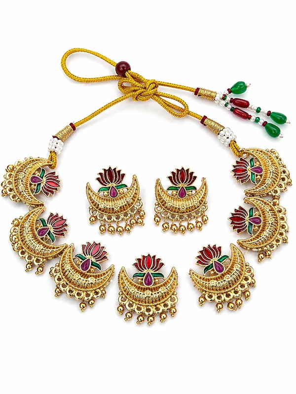 Indian_Shringar_Lotus_Design_Kundan_Necklace_Set_|_Meenakari_Gold_Finish_Choker_with_Stud_Earrings_|_Adjustable_Ethnic_Bridal_Jewelry