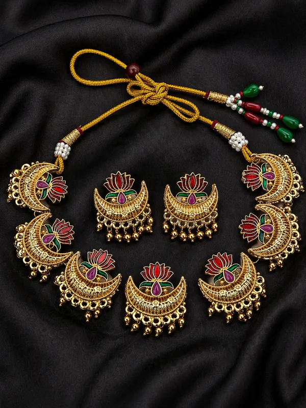 Indian_Shringar_Lotus_Design_Kundan_Necklace_Set_|_Meenakari_Gold_Finish_Choker_with_Stud_Earrings_|_Adjustable_Ethnic_Bridal_Jewelry