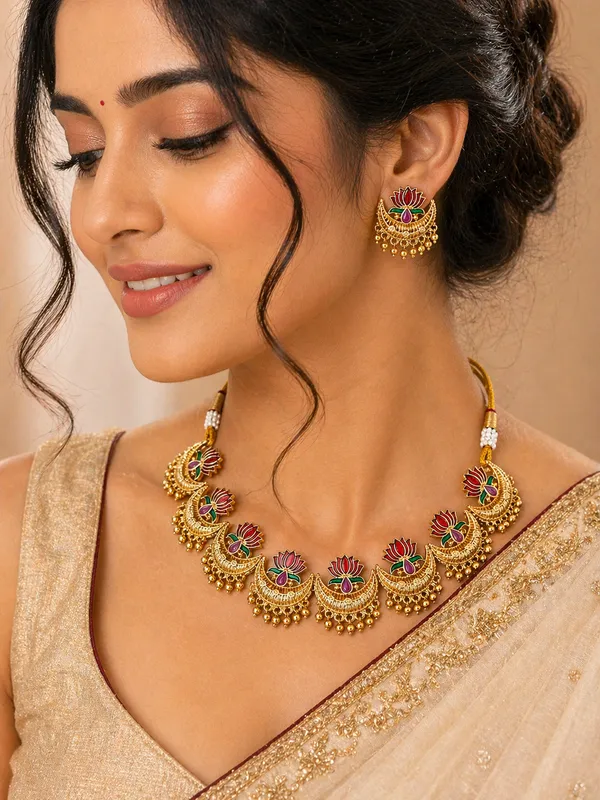 Indian_Shringar_Lotus_Design_Kundan_Necklace_Set_|_Meenakari_Gold_Finish_Choker_with_Stud_Earrings_|_Adjustable_Ethnic_Bridal_Jewelry