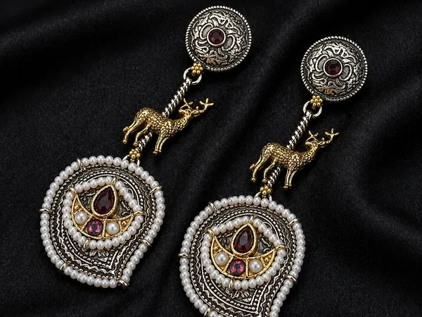 Indian_Shringar_Dual_Tone_Deer_Motif_Earrings_(Red_White)_|_Ethnic_Festive_Earrings_|_Pearl_Statement_Jewelry