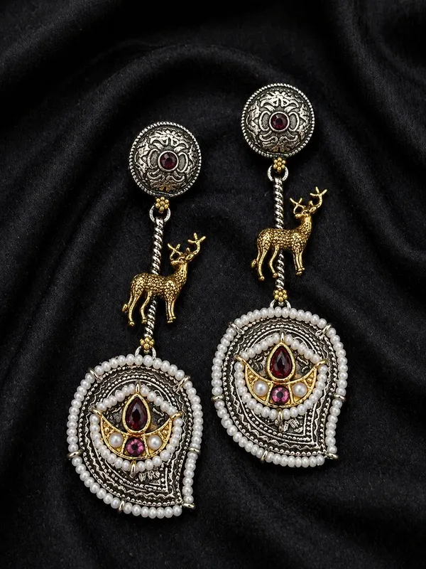 Indian_Shringar_Dual_Tone_Deer_Motif_Earrings_(Red_White)_|_Ethnic_Festive_Earrings_|_Pearl_Statement_Jewelry