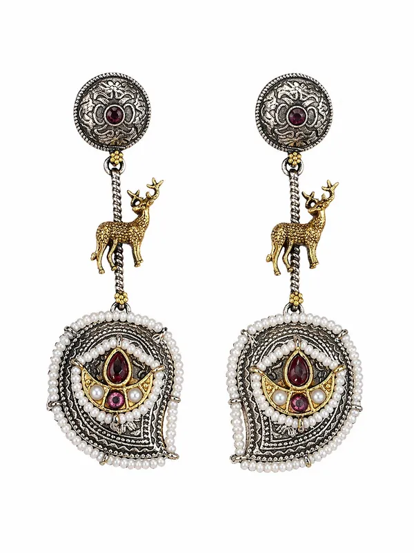 Indian_Shringar_Dual_Tone_Deer_Motif_Earrings_(Red_White)_|_Ethnic_Festive_Earrings_|_Pearl_Statement_Jewelry