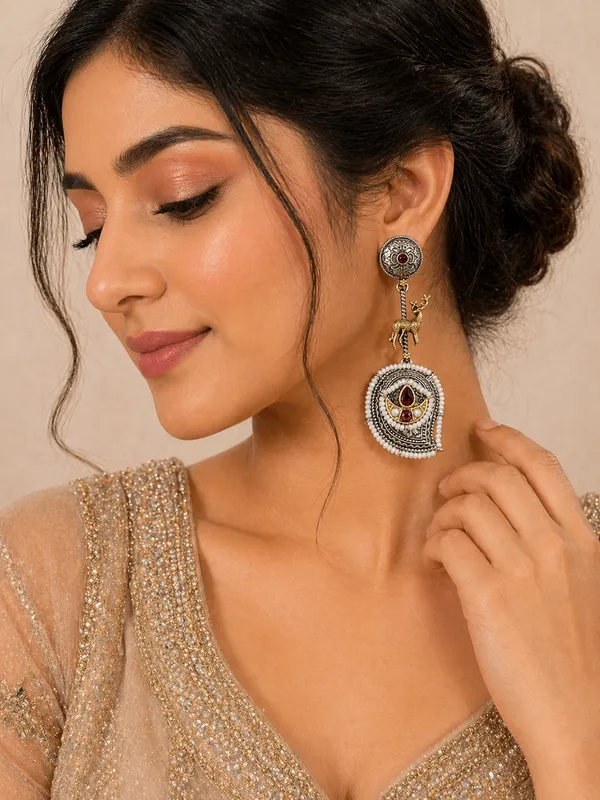 Indian_Shringar_Dual_Tone_Deer_Motif_Earrings_(Red_White)_|_Ethnic_Festive_Earrings_|_Pearl_Statement_Jewelry