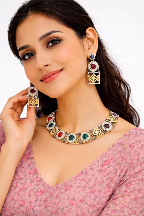 Indian_Shringar_Dual_Tone_Brass_Necklace_Set_|_Monalisa_Stone_Ethnic_Chain_with_Earrings_|_Adjustable_Thread_Jewelry