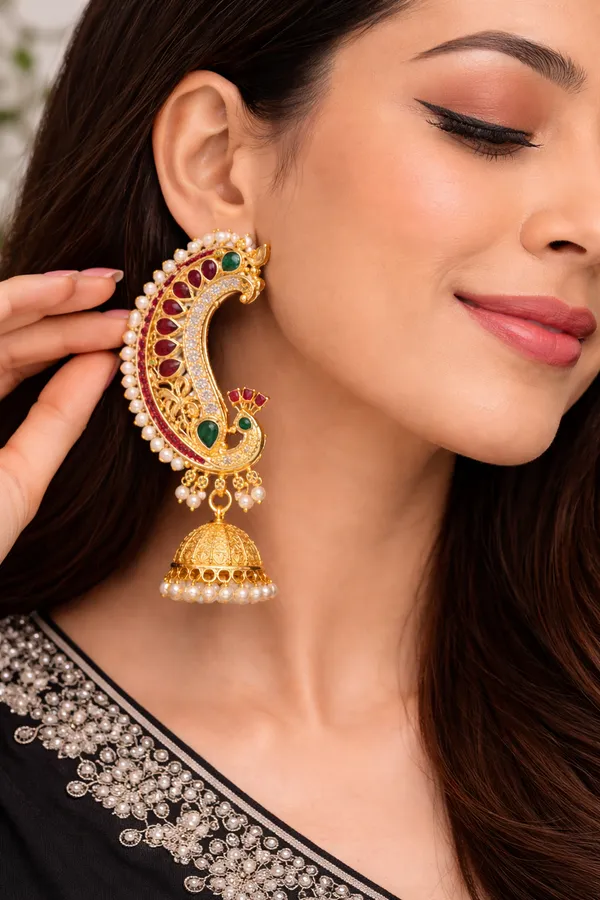 Indian_Shringar_Peacock_Kundan_Ear_Cuff_Earrings_|_Bridal_Jhumka_Ear_Chain_with_Pearl_Drops_|_Statement_Ethnic_Jewelry