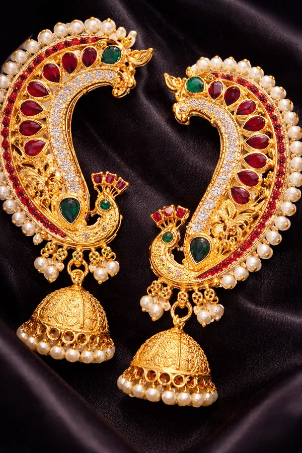 Indian_Shringar_Peacock_Kundan_Ear_Cuff_Earrings_|_Bridal_Jhumka_Ear_Chain_with_Pearl_Drops_|_Statement_Ethnic_Jewelry