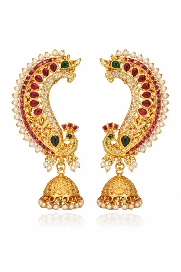 Indian_Shringar_Peacock_Kundan_Ear_Cuff_Earrings_|_Bridal_Jhumka_Ear_Chain_with_Pearl_Drops_|_Statement_Ethnic_Jewelry
