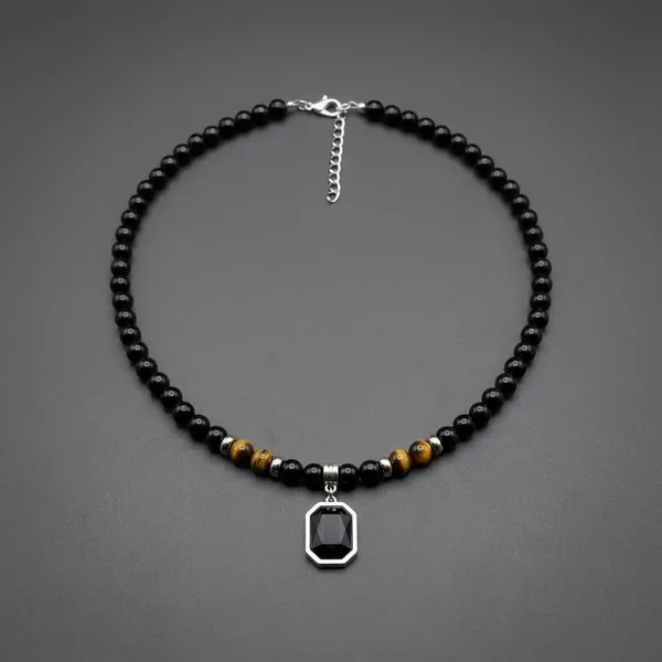 Black_Beaded_Stone_Necklace_with_Silver_Pendant