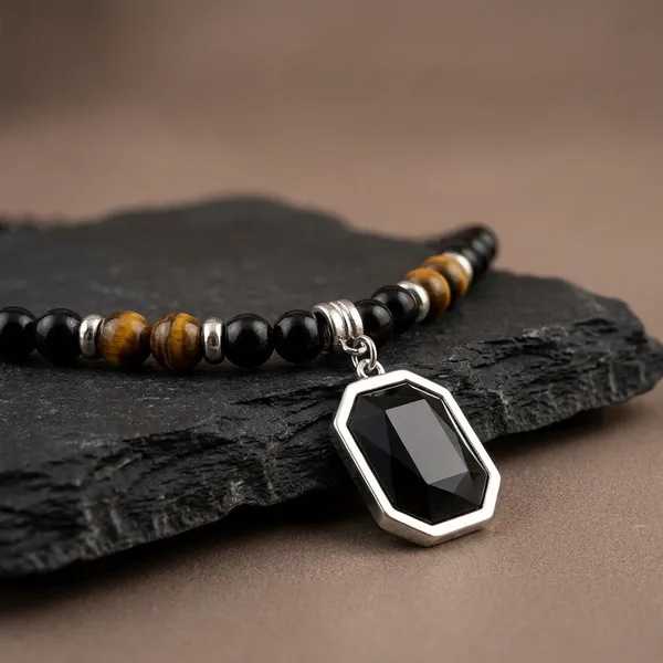 Black_Beaded_Stone_Necklace_with_Silver_Pendant