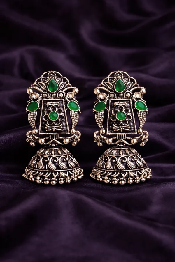 Indian_Shringar_Oxidised_Silver_Jhumka_Earrings_|_Dark_Green_Stone_Vintage_Boho_Jhumki_|_Ethnic_German_Silver_Jewelry
