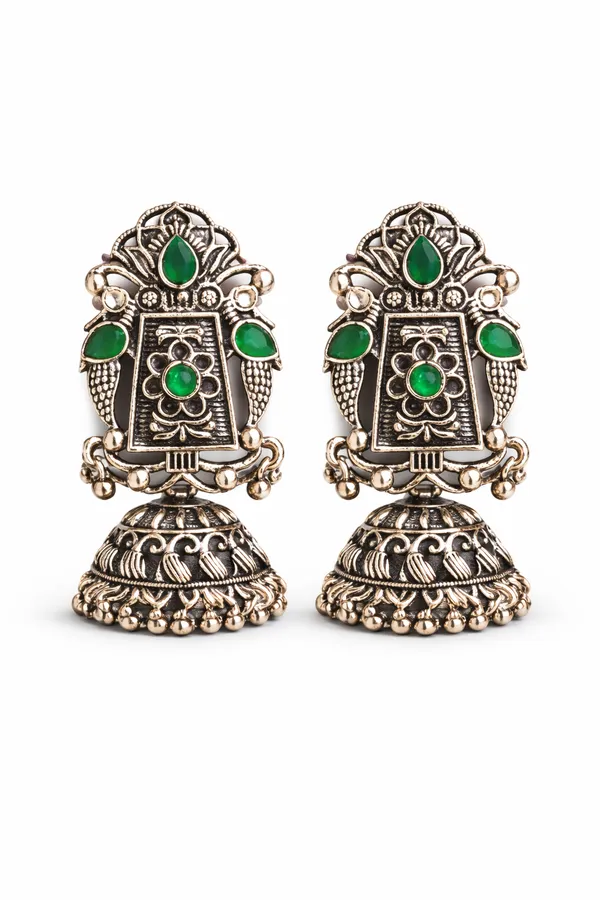 Indian_Shringar_Oxidised_Silver_Jhumka_Earrings_|_Dark_Green_Stone_Vintage_Boho_Jhumki_|_Ethnic_German_Silver_Jewelry