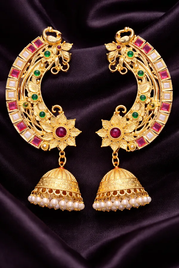 Indian_Shringar_Designer_Kundan_Ear_Cuff_Earrings_|_Multi_Stone_Jhumka_Ear_Chain_with_Pearl_Drops_|_Bridal_Statement_Jewelry
