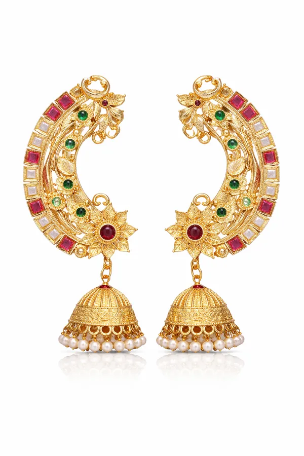Indian_Shringar_Designer_Kundan_Ear_Cuff_Earrings_|_Multi_Stone_Jhumka_Ear_Chain_with_Pearl_Drops_|_Bridal_Statement_Jewelry