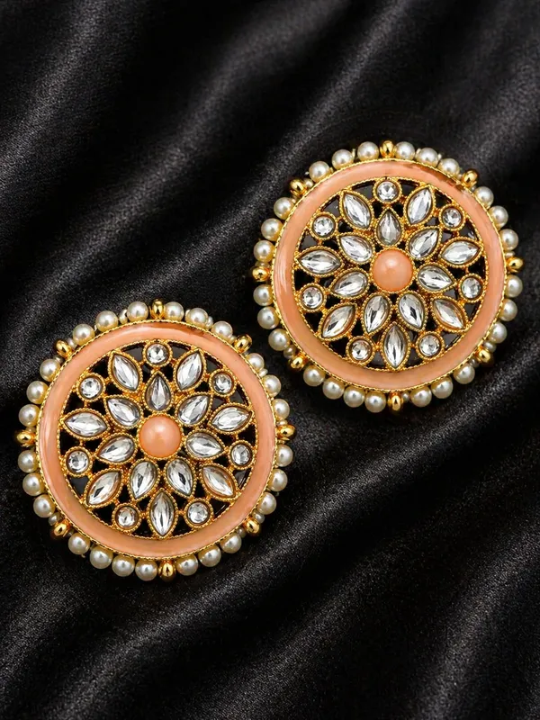 Indian_Shringar_Kundan_Stud_Earrings_|_Peach_Stone_Pearl_Studs_|_Pastel_Ethnic_Earrings
