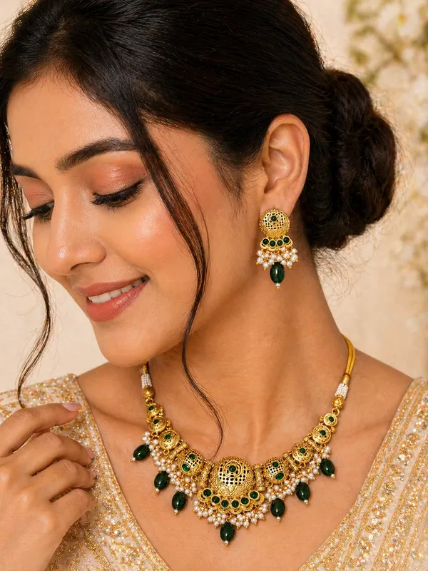 Indian_Shringar_Temple_Style_Golden_Necklace_Set_|_Green_Monalisa_Stone_Ethnic_Jewelry_with_Earrings_|_Adjustable_Thread