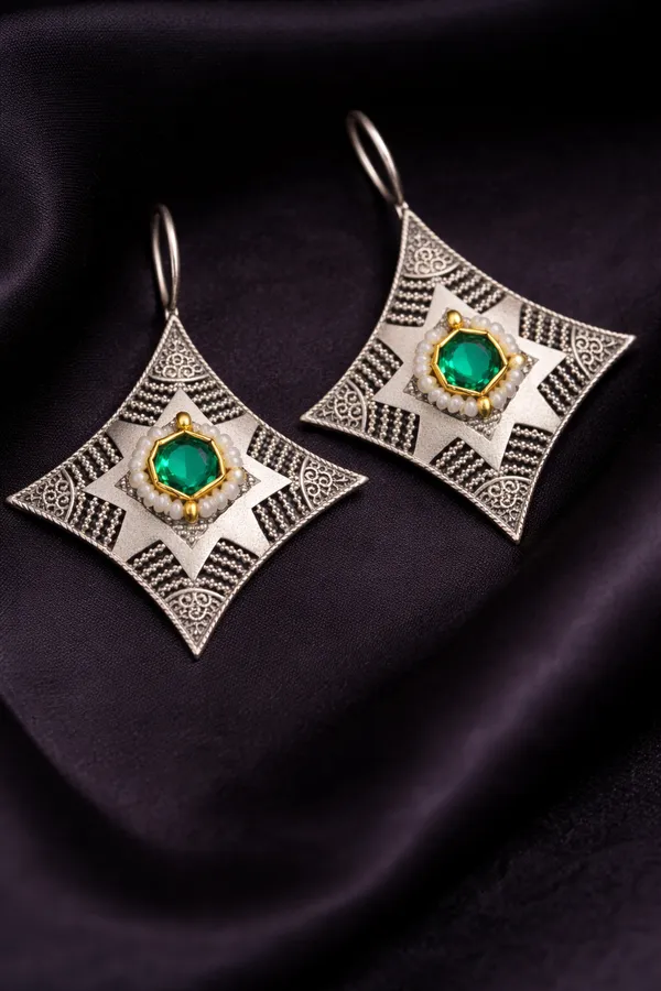 TURQUOISE(_Green)__Mona_Lisa_Stone_Silver_Replica_Brass_Statement_Earrings_for_Women