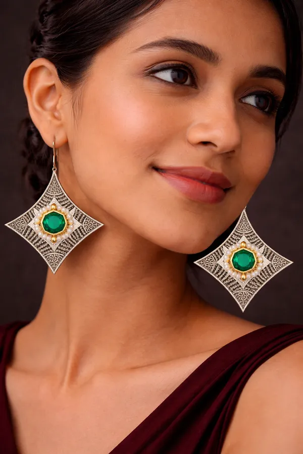 TURQUOISE(_Green)__Mona_Lisa_Stone_Silver_Replica_Brass_Statement_Earrings_for_Women