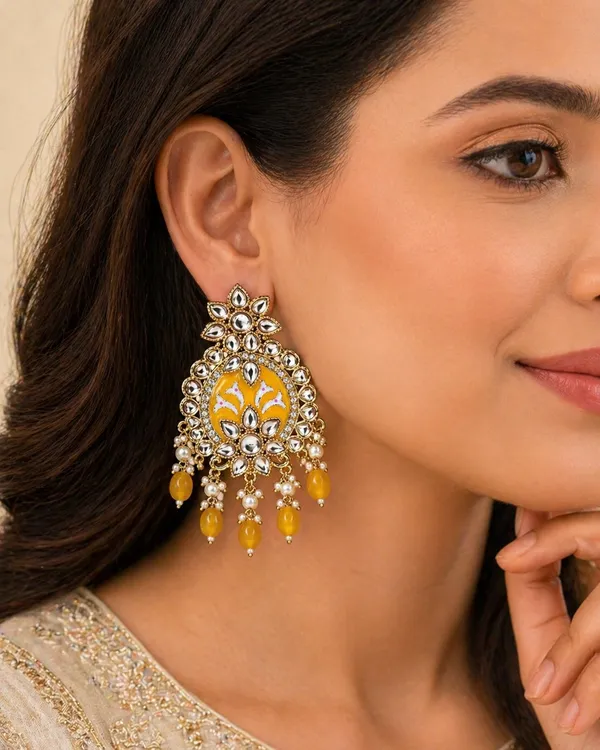 Indian_Shringar_Shahina_Kundan_Earrings_|_Yellow_Meenakari_Statement_Earrings_|_Bridal_Festive_Jewelry